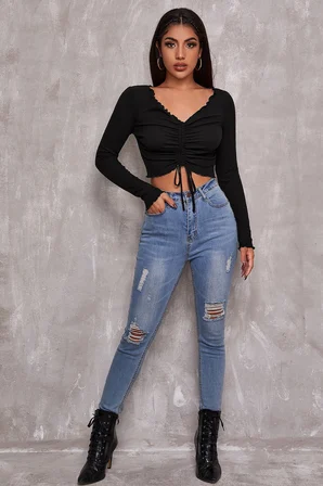Modi Green Kadın Siyah Uzun Kollu Büzdürme Bağcık Detaylı Crop Top Bluz