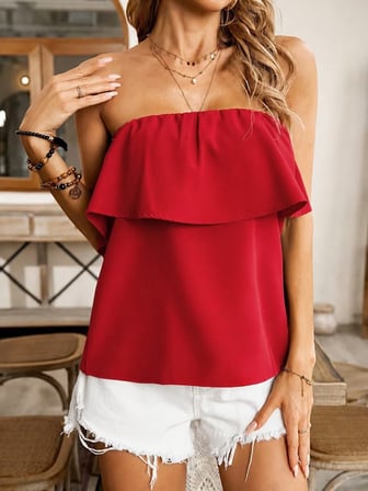Kadın Omuzlardan Açık Lastikli Fırfırlı Dubai Bluz - Kırmızı / L-XL
