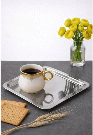 6 Adet Lüx Kare Paslanmaz Çelik Sunum Tepsini 21x21cm Kahve Servis Sunum Tepsisi &amp; Tabağı (Gümüş)