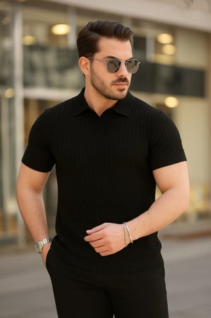 Modi Green Erkek Kısa Kollu Yakalı çizgi Desenli Triko Bluz