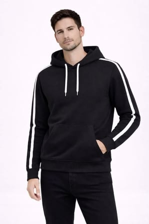 Modi Green Erkek Şeritli Kapüşonlu Sweatshirt Oversize 3 Iplik Pamuklu - Siyah