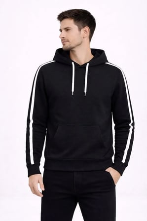 Modi Green Erkek Şeritli Kapüşonlu Sweatshirt Oversize 3 Iplik Pamuklu - Siyah