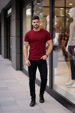 Modi Green Erkek T-Shirt Bisiklet Yaka Slim Fit Dar Kesim Likralı Tişört Günlük Basic Body - Bordo