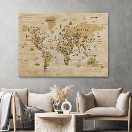 Harita Sepeti Ahşap Görünümlü Dünya Haritası Sembollü Eğitici Dekoratif Kanvas Tablo 2944