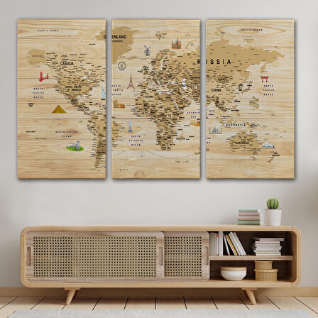 Harita Sepeti Ahşap Görünümlü Dünya Haritası Sembollü Eğitici Dekoratif Kanvas Tablo 2944