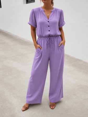 Kadın Kısa Kollu V Yakalı Cepli Dokuma Viskon Tulum - Lila / 2XL-3XL