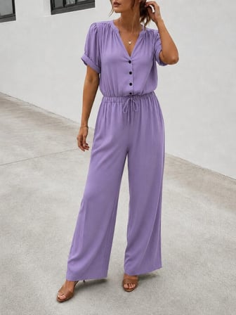 Kadın Kısa Kollu V Yakalı Cepli Dokuma Viskon Tulum - Lila / 2XL-3XL