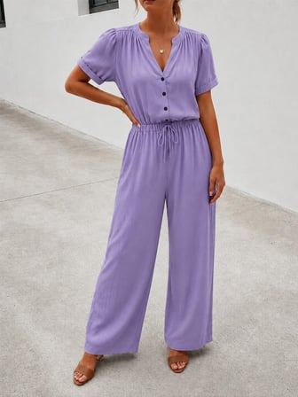 Kadın Kısa Kollu V Yakalı Cepli Dokuma Viskon Tulum - Lila / 2XL-3XL