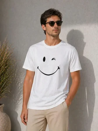 Modi Green Erkek Minimal Gülümseyen Yüz Baskılı Tişört Kısa Kol Yazlık T-Shirt - Beyaz