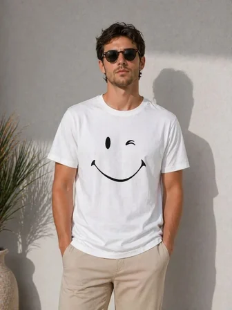 Modi Green Erkek Minimal Gülümseyen Yüz Baskılı Tişört Kısa Kol Yazlık T-Shirt - Beyaz