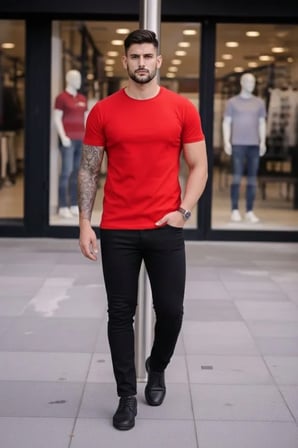 Modi Green Erkek T-Shirt Bisiklet Yaka Slim Fit Dar Kesim Likralı Tişört Günlük Basic Body - Kırmızı
