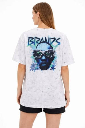 Modi Green Asit Yıkamalı Oversize Tişört Future Worlds Baskılı Bisiklet Yaka Kısa Kollu Streetwear %100 Pamuk Street Sty