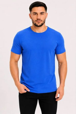 Modi Green Erkek Basic Tişört Bisiklet Yaka Kısa Kol Günlük Yazlık Slim Fit T-Shirt - Saks Mavisi