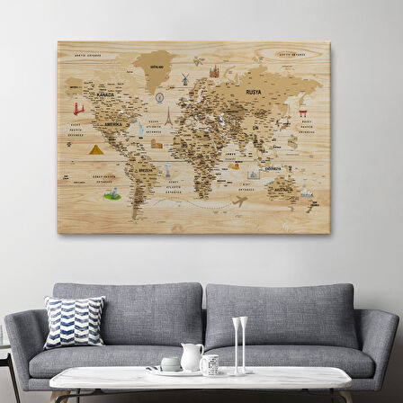 Harita Sepeti Ahşap Görünümlü Türkçe Dünya Haritası Sembollü Eğitici Kanvas Tablo 2945