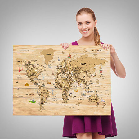 Harita Sepeti Ahşap Görünümlü Türkçe Dünya Haritası Sembollü Eğitici Kanvas Tablo 2945