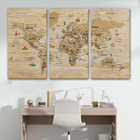 Harita Sepeti Ahşap Görünümlü Türkçe Dünya Haritası Sembollü Eğitici Kanvas Tablo 2945