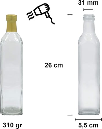 Afracam 500 ml Şeffaf Maraska Kilitli Kapaklı ve Kapüşonlu Boş Cam Şişe 30 Adet