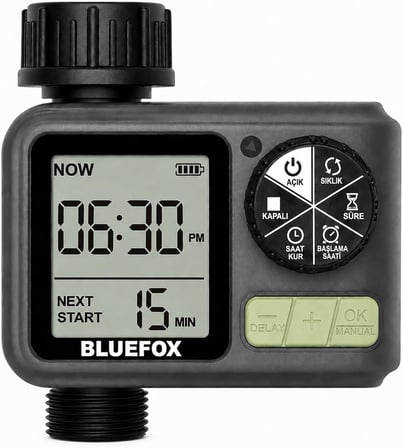 Bluefox Dijital Sulama Zamanlayıcı – Programlanabilir Bahçe Sulama Cihazı, Otomatik Hortum &amp; Musluk Tipi Timer, LCD Ekran, Manuel Mod + Rain Delay, 3/4 Bağlantı, Pilli Dış Mekan Sulama Kontrol Cihazı