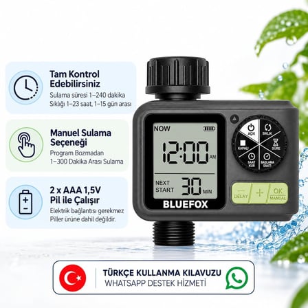 Bluefox Dijital Sulama Zamanlayıcı – Programlanabilir Bahçe Sulama Cihazı, Otomatik Hortum &amp; Musluk Tipi Timer, LCD Ekran, Manuel Mod + Rain Delay, 3/4 Bağlantı, Pilli Dış Mekan Sulama Kontrol Cihazı