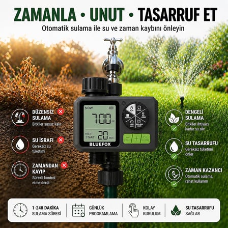 Bluefox Dijital Sulama Zamanlayıcı – Programlanabilir Bahçe Sulama Cihazı, Otomatik Hortum &amp; Musluk Tipi Timer, LCD Ekran, Manuel Mod + Rain Delay, 3/4 Bağlantı, Pilli Dış Mekan Sulama Kontrol Cihazı