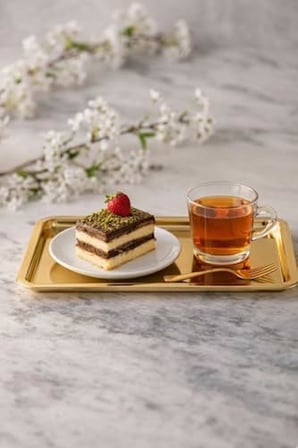 Paslanmaz Çelik Sunum Tepsisi, Dikdörtgen, Gold, 33x18 cm, Düz, Çay Kahve Tatlı Sunumu, 2 Adet