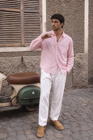 Erkek Minimal Baskılı Oversize Dokulu Gömlek Pembe