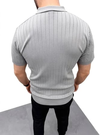 Modi Green Erkek Yazlık Triko Saç Örgü Tişört Kısa Kol Polo Yaka Fermuarlı T-Shirt - Gri