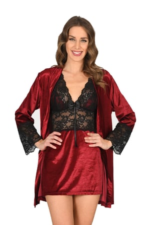 Bordo Kadife Sabahlık &amp; Gecelik Takım 2' Li - 1445 Bordo XL