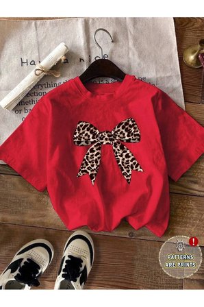 Unisex Leopar Desenli Kurdele Baskılı Tasarım Tshirt