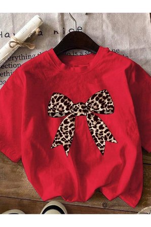 Unisex Leopar Desenli Kurdele Baskılı Tasarım Tshirt