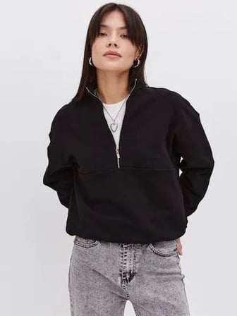 Modi Green Oversize Yarım Farmuarlı Yakalı Basic SweatShirt - Siyah