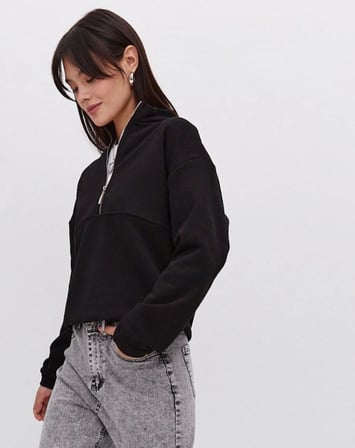 Modi Green Oversize Yarım Farmuarlı Yakalı Basic SweatShirt - Siyah
