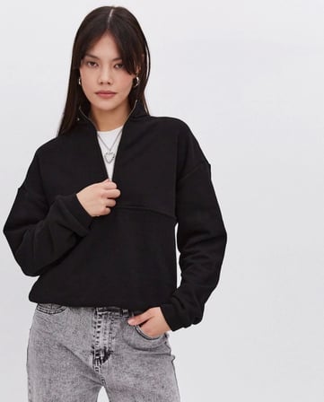 Modi Green Oversize Yarım Farmuarlı Yakalı Basic SweatShirt - Siyah