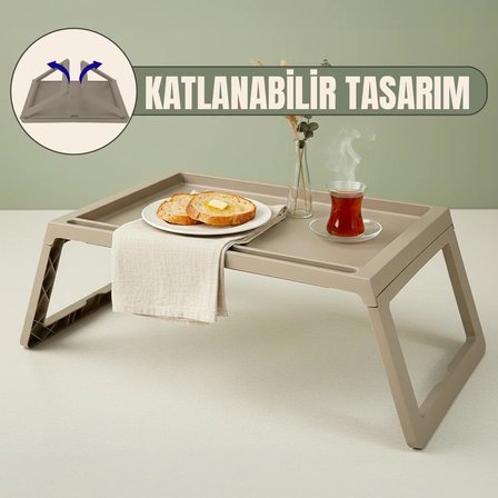 Katlanabilir Yatak Üstü Laptop Sehpası ve Kahvaltı Masası - Tablet ve Telefon Standlı Çok Amaçlı Portatif Çalışma Sehpası (56x36x26 cm) (TOPRAK)