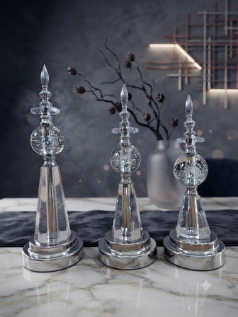 Dekoratif Kesme Cam Damlalı Küre Gümüş Üçlü Obje