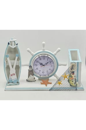 AHŞAP DEKORATİF TEKNELİ GEMİ DÜMENİ MASA SAATİ 36 cm x 24 cm Turkuaz