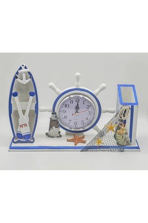 AHŞAP DEKORATİF TEKNELİ GEMİ DÜMENİ MASA SAATİ 36 cm x 24 cm