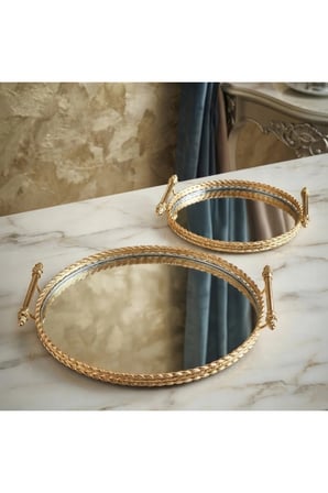 VİNTAGE DEKORATİF JARDİNYER AYNALI GOLD YUVARLAK 2 Lİ TEPSİ