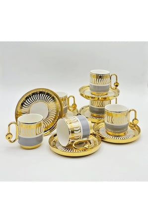 BY COMO LÜX GRİ-GOLD VİNTAGE PORSELEN KAHVE FİNCAN 12 Parça & 6 Kişilik