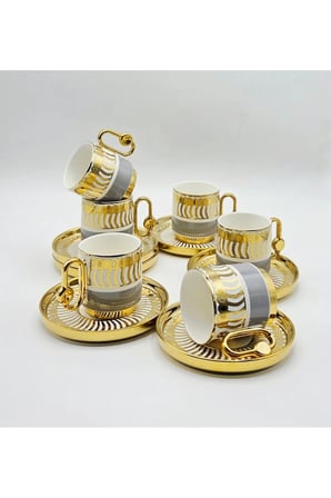 BY COMO LÜX GRİ-GOLD VİNTAGE PORSELEN KAHVE FİNCAN 12 Parça & 6 Kişilik