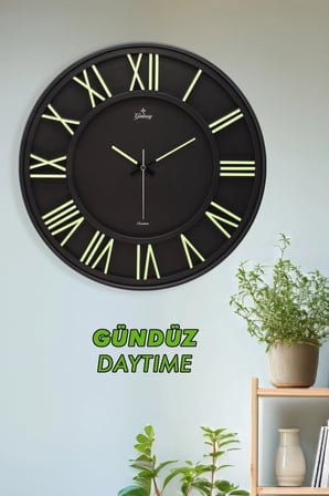 Exclusive Duvar Saati Siyah Zeminli Fosforlu Roma Rakamlı 41.5 Cm.
