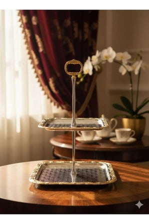 İki Katlı Vintage Metal Kare Bayram Şekerlik Çikolatalık