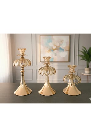 METAL KRİSTAL TAŞLI GOLD 3'LÜ CAM DEKORATİF MUMLUK ŞAMDANLIK SETİ