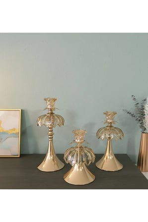 METAL KRİSTAL TAŞLI GOLD 3'LÜ CAM DEKORATİF MUMLUK ŞAMDANLIK SETİ