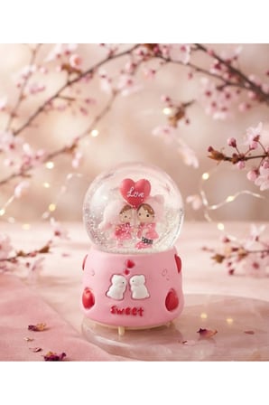 SWEET LOVE KOYU PEMBE KALPLİ TAVŞANLI IŞIKLI & MÜZİKLİ KAR KÜRESİ