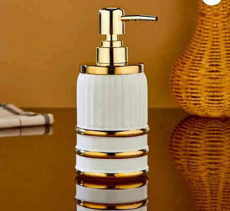 PORSELEN SIVI SABUNLUK GOLD POMPALI DEKORATİF BANYO VE MUTFAK SABUN DİSPENSERİ