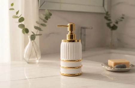 PORSELEN SIVI SABUNLUK GOLD POMPALI DEKORATİF BANYO VE MUTFAK SABUN DİSPENSERİ
