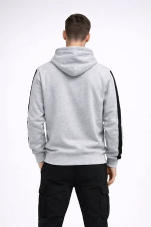 Modi Green Erkek Şeritli Kapüşonlu Sweatshirt Oversize 3 Iplik Pamuklu - Beyaz