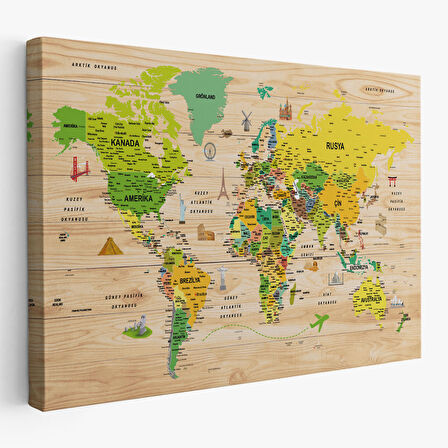 Harita Sepeti Ahşap Görünümlü Türkçe Dünya Haritası Sembollü Eğitici Kanvas Tablo 2947