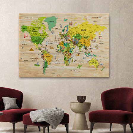 Harita Sepeti Ahşap Görünümlü Türkçe Dünya Haritası Sembollü Eğitici Kanvas Tablo 2947